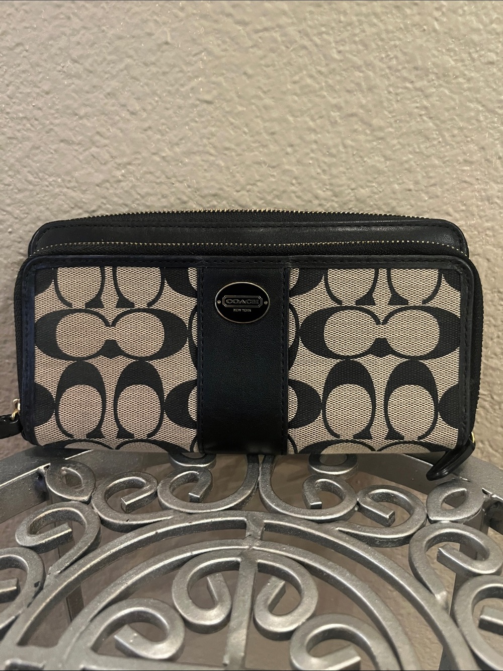 Coach Black and Khaki Signature Zip Wallet